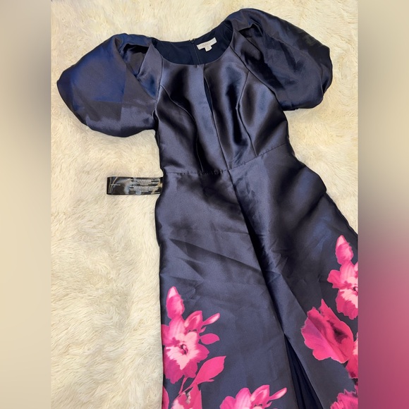 NEW Kay Unger Delfina Puff Sleeve Mikado Midnight/Pink Zinnia Gown Sz 10 - Picture 6 of 9